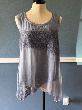 Lightweight Gray/Blue Lace-Panel Sleeveless Tank Top Tunic NWT Size L